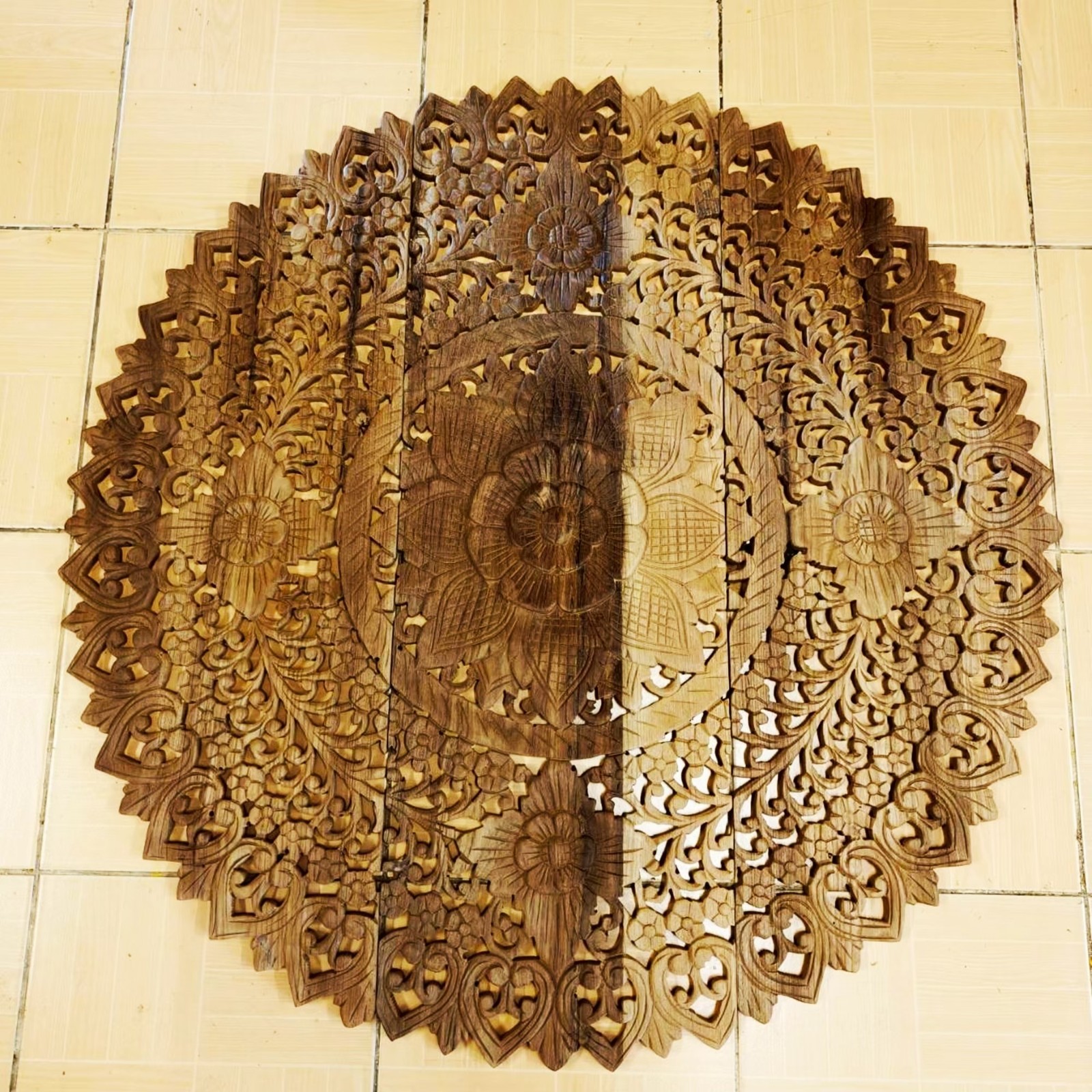 36″ Natural Brown Wood Mandala Wall Art Hand Carved Rain Tree Tropical Decor #F