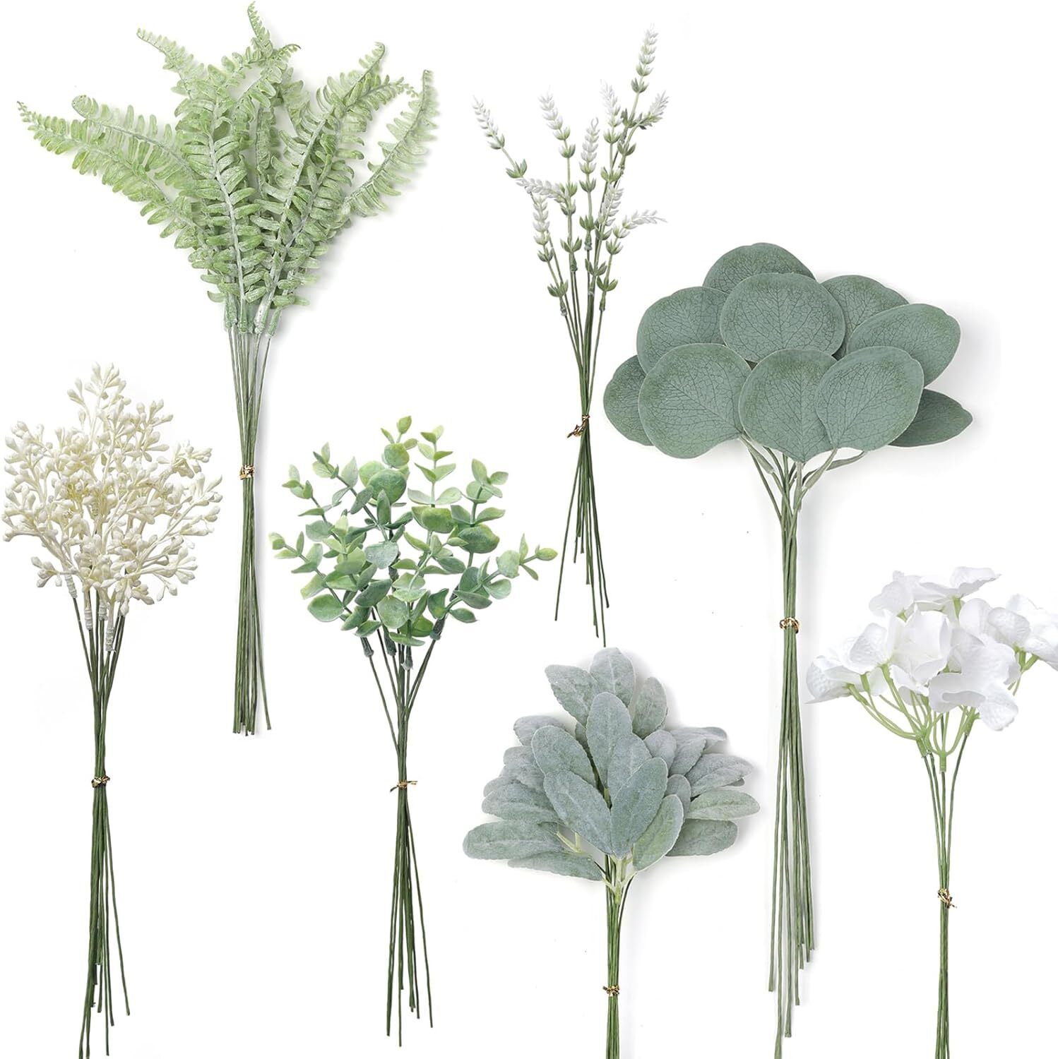 Artificial Greenery Stems Box Set,75 Pcs with 7 Kinds of Dusty Green & Beige
