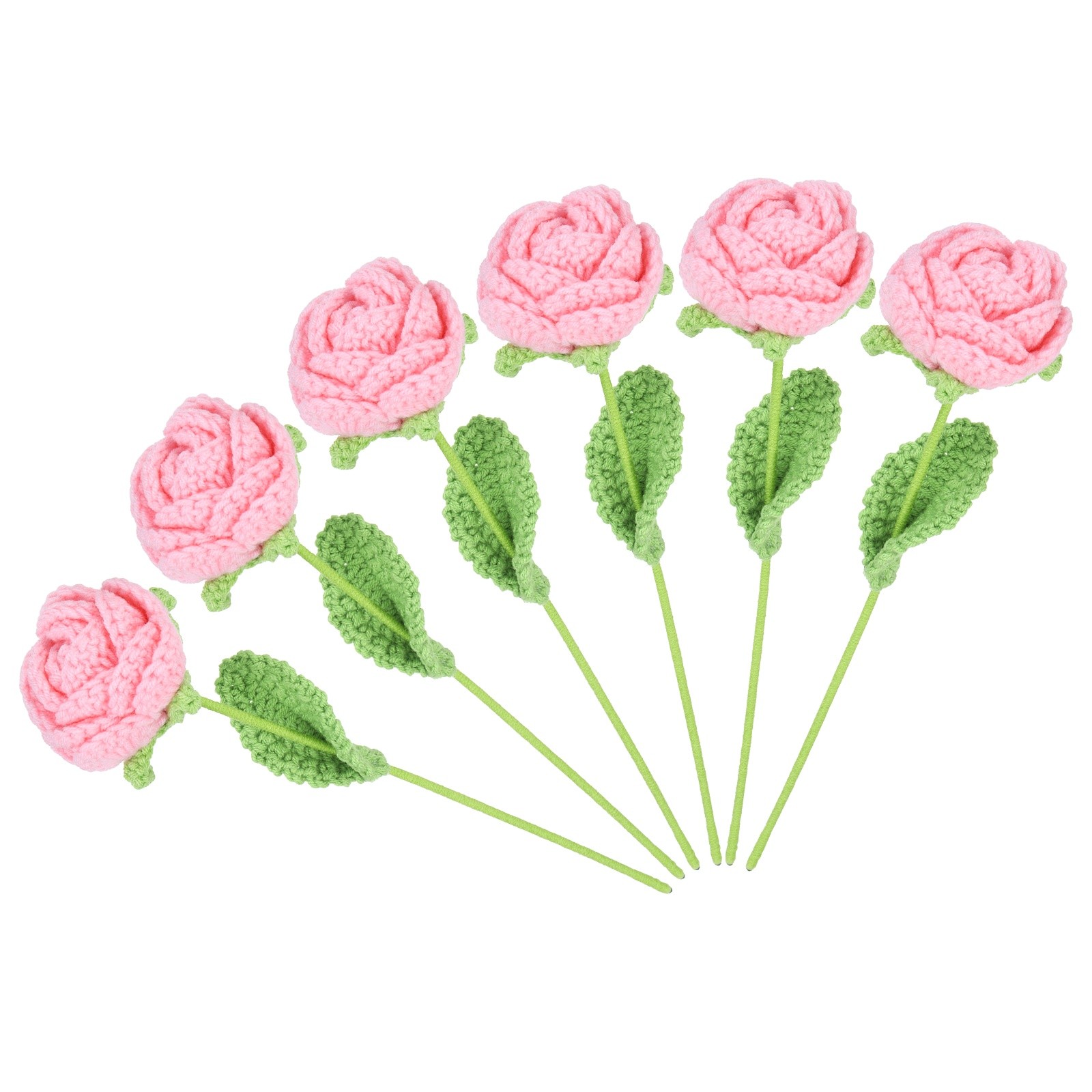 6Pcs Crochet Flower, Rose Handmade Knitted Bouquet, Pink