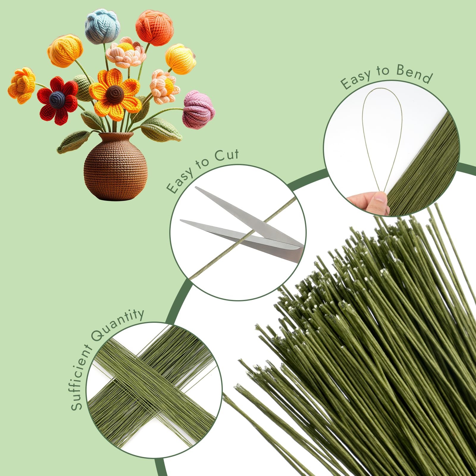 300 PCS Floral Wire Stems, 22 Gauge 14 Inch Flexible Green Craft Floral Stems…