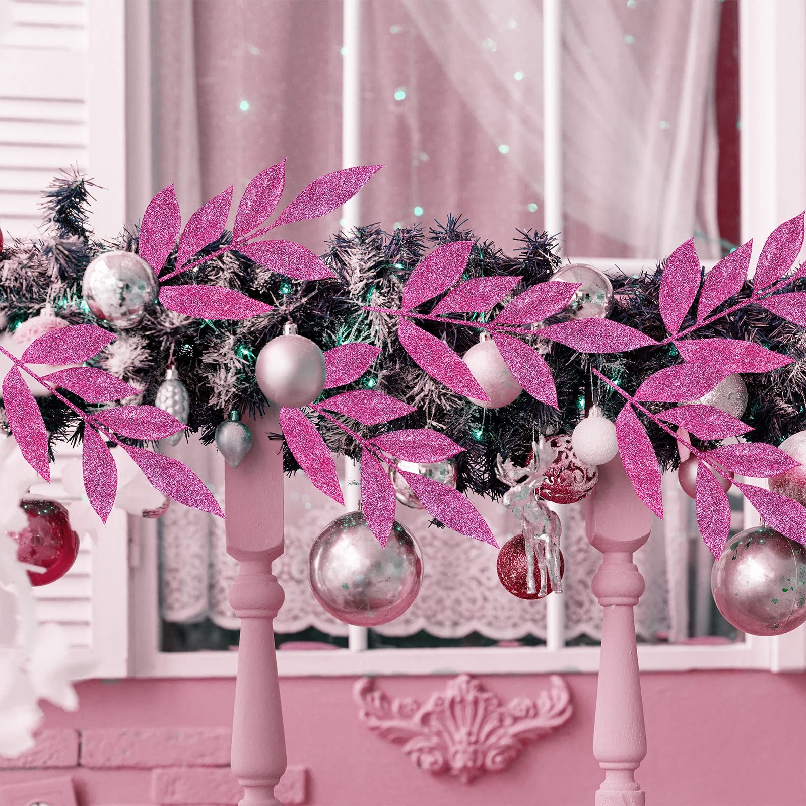 20 Pcs Pink Glitter Bay Leaf Sprays Artificial Christmas Tree Picks 12.7 Inch