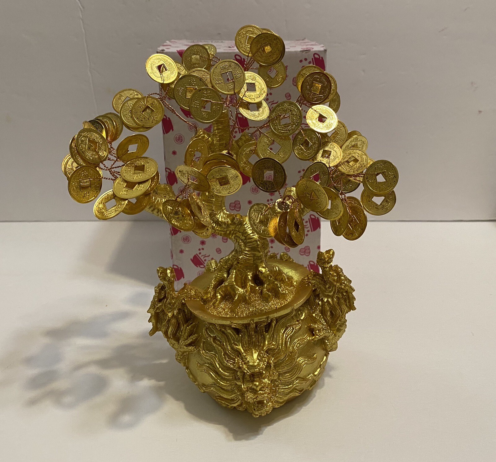 8” Feng Shui Gold Money Coins Tree in Dragon Pot Wealth Blessing Gift US Seller