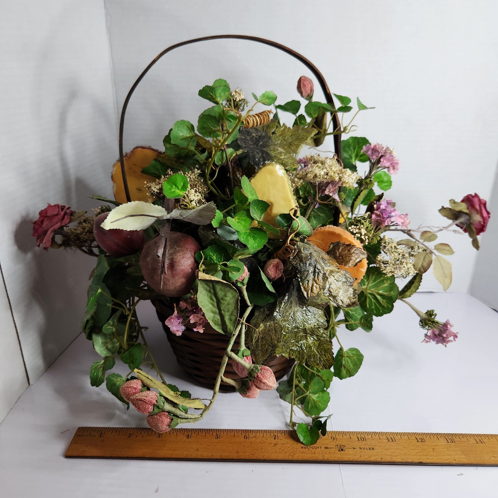 Vintage Floral Fruit Basket Centerpiece Cottagecore Rustic Farm Decor Handle