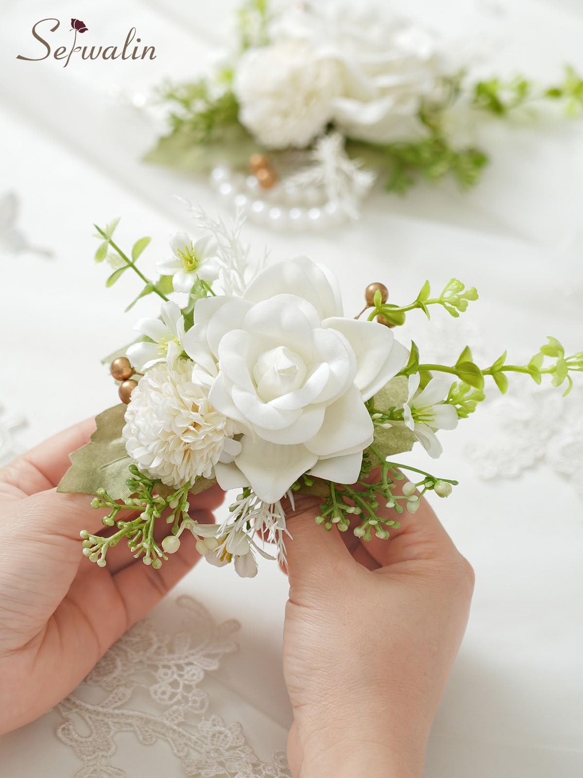 2 PCS Ivory White Wrist Corsage 67 Inch for Wedding Prom Ceremony Anniversary