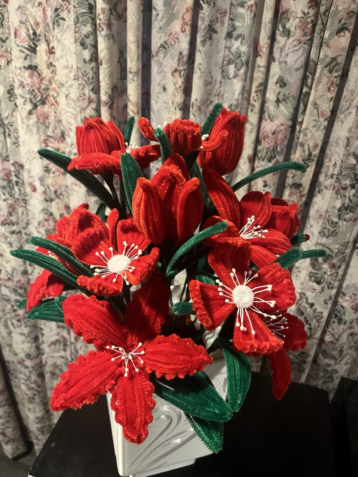 Handmade Red Pipe Cleaner Flower Arrangement in Elegant Vase – Unique Decor