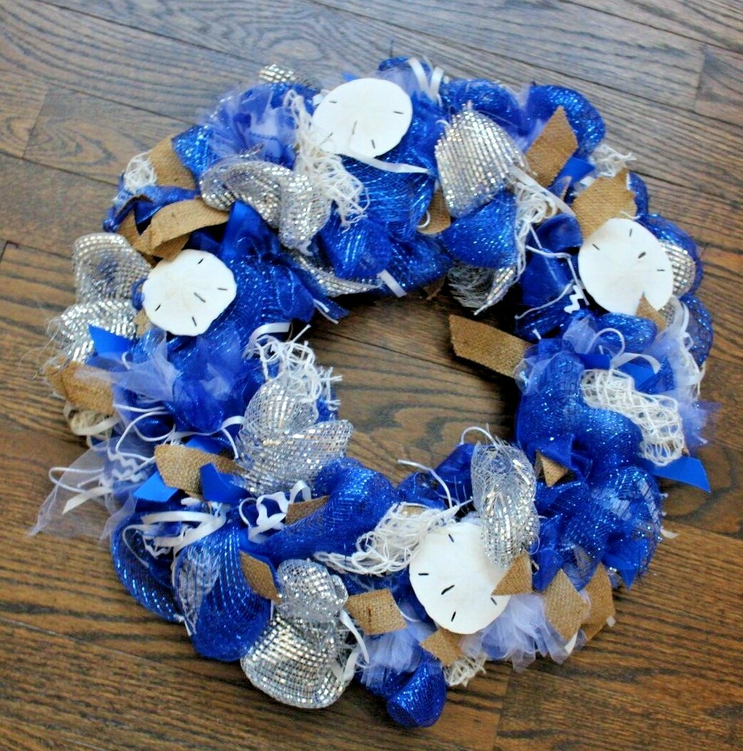 All Occasion Sea Ocean Beach Sand Dollar Door Wreath Blue Silver White 25″ dia