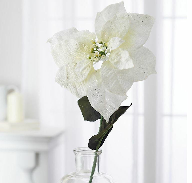12 ARTIFICIAL FAUX VELVET GLITTER WHITE/GREEN POINSETTIA STEMS PICKS CHRISTMAS