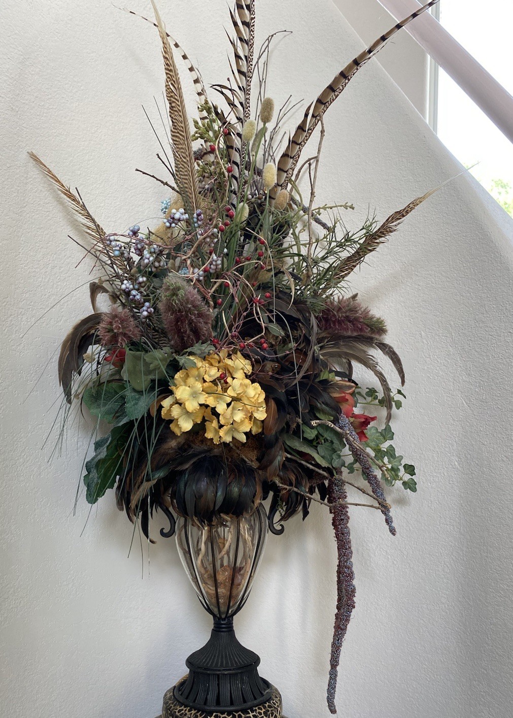 XL Custom Designer Muted Floral Arrangement W Pheasant Feathers, Silk & Dried