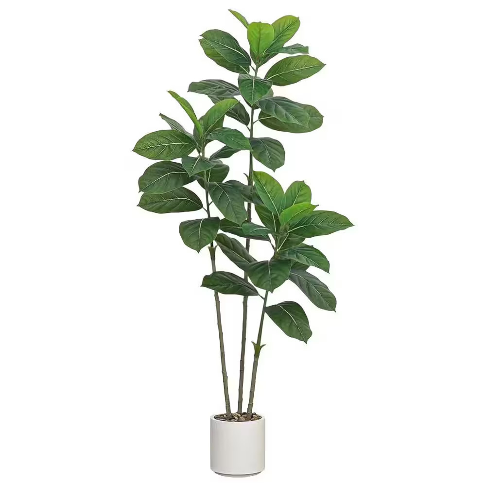 1 In. White Indoor/Outdoor Artificial Rubber Tree Shrub Faux Plant with Planter