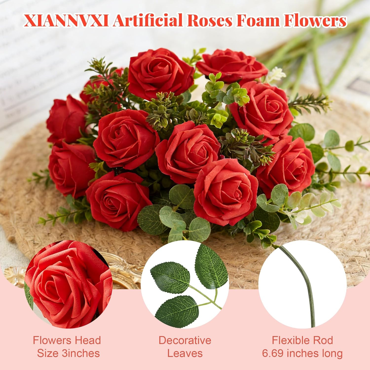 Red Artificial Rose Flowers Fake Flowers with Stem Red Foam Fake Roses for DIY W