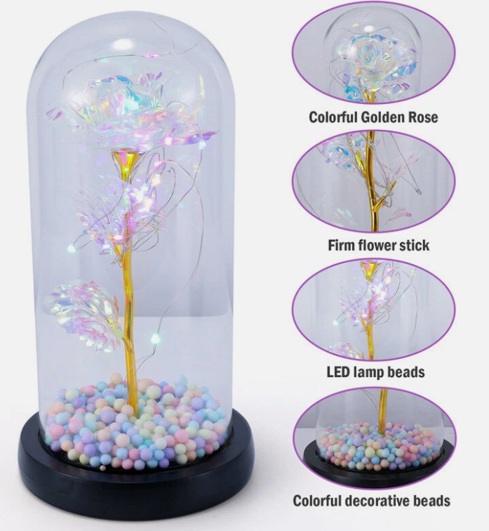 Forever Eternal Galaxy Rose In Glass Dome LED Flower Light Valentine’s Day Gift.