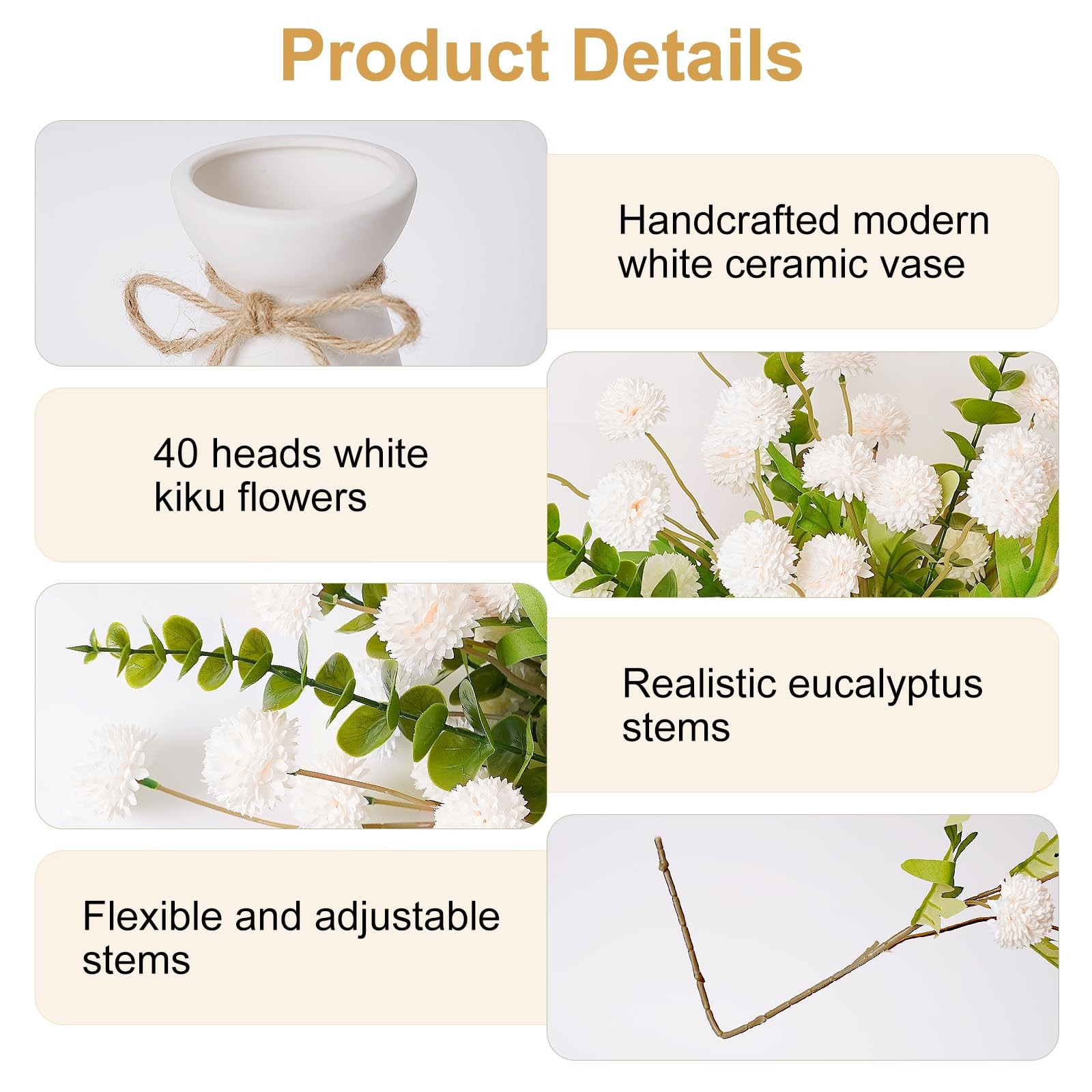 12pcs Champagne Artificial Flowers with White Ceramic Vase ,Faux Flowers for …
