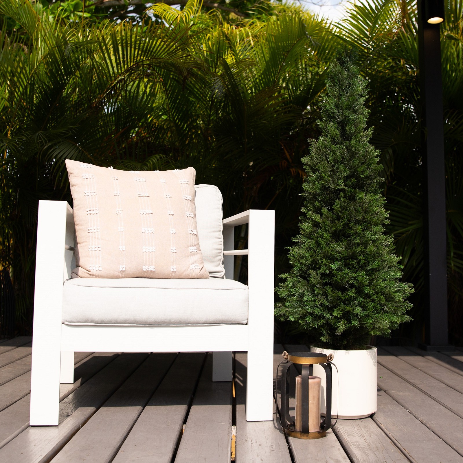 Nearly Natural 4ft UV Resistant Cedar Tree in White Planter in Green