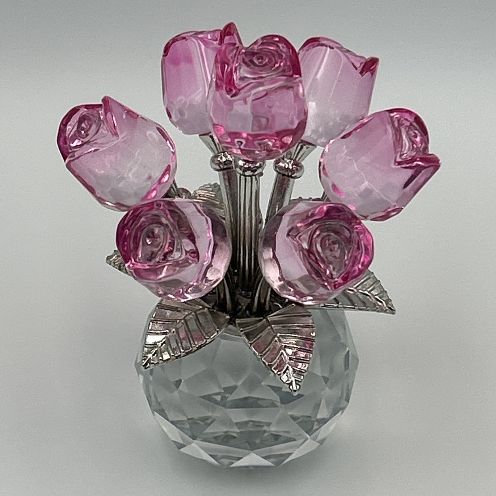 Handmade Crystal Glass Pink Rose Bouquet Flowers Vase Figurine + Gift Bag & Card