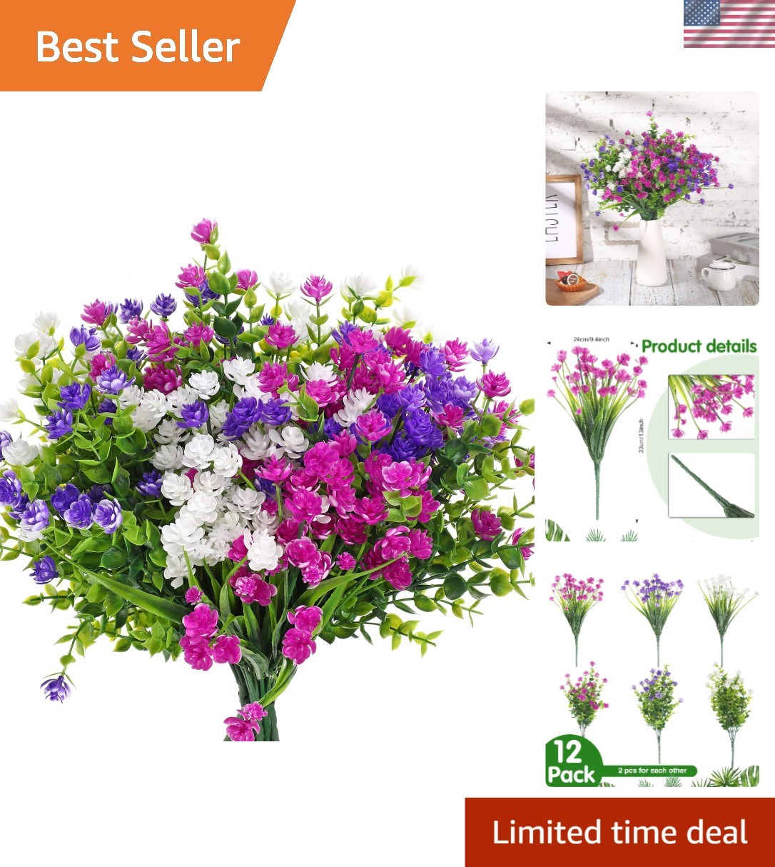 12 UV Resistant Artificial Flowers in Fuchsia, White & Purple for Home Decor