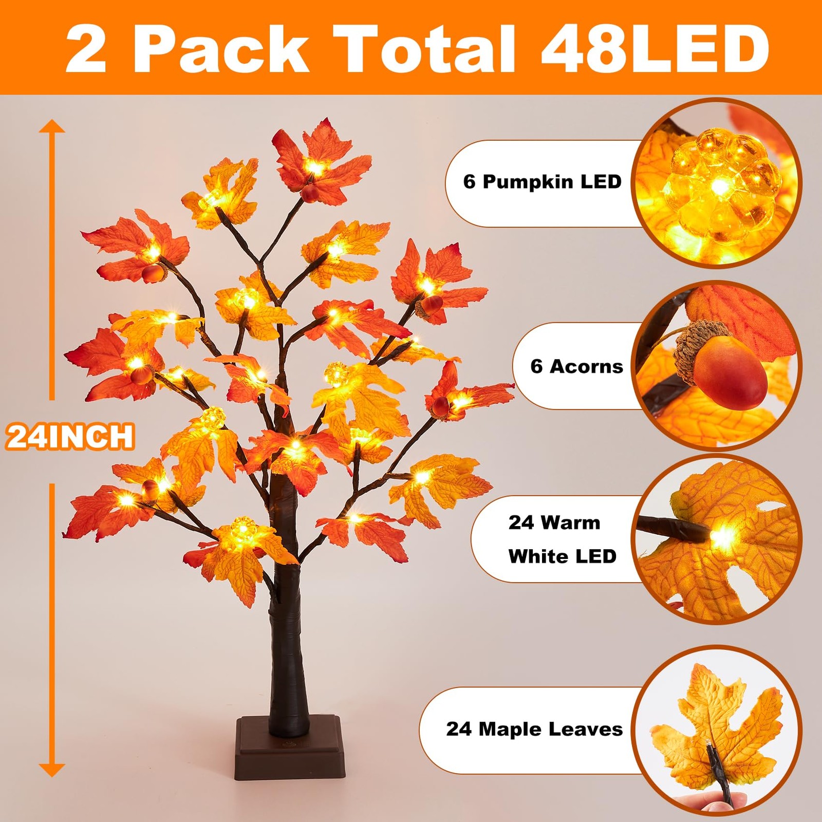 Fall Maple Tree Lights 2 Pack 24 Inch 48 LED Pumpkin Acorn Timer Battery USB