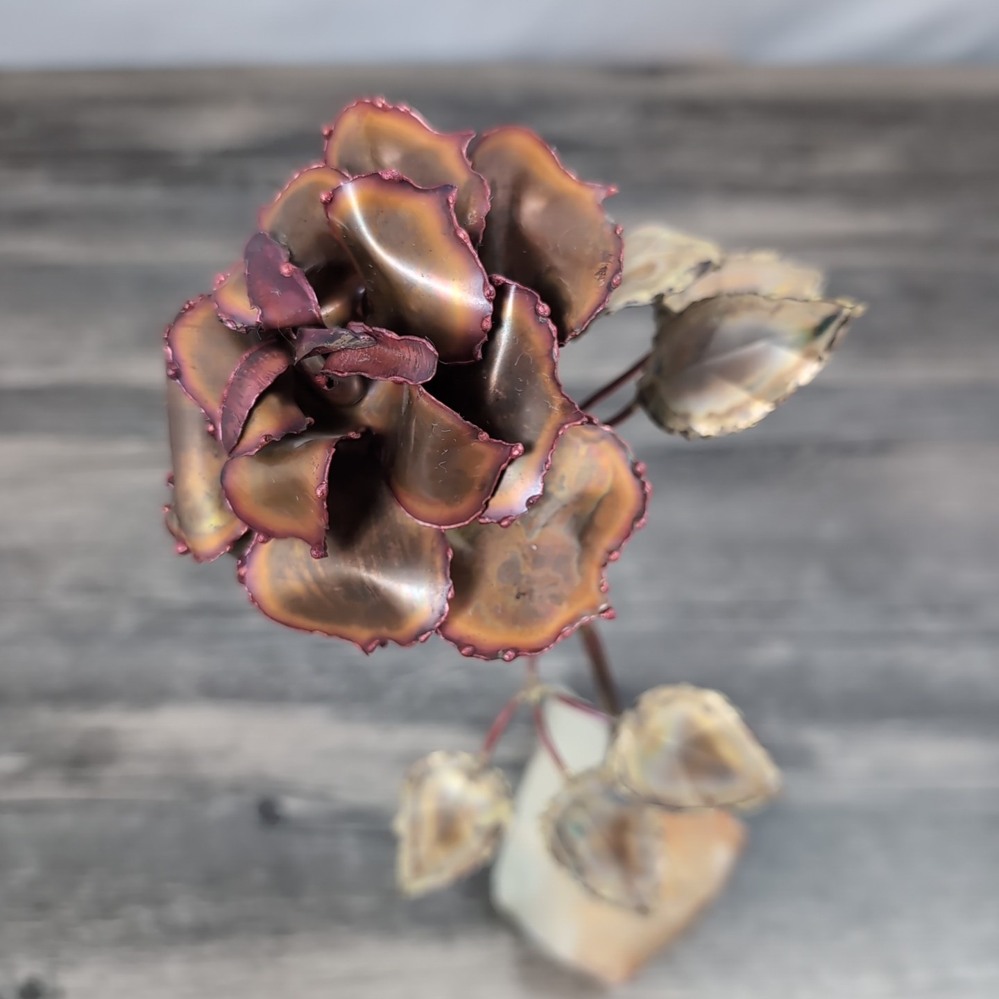 Vintage Tole Wild Rose Sculpture Rock Base Signed 1986 11.5in OOAK Decor