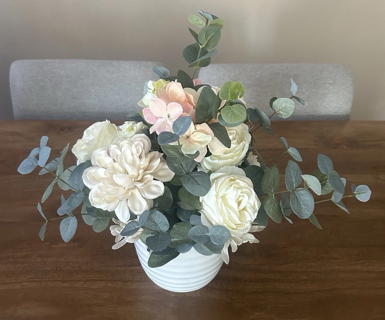 Artificial Faux Flowers Floral Arrangement With White Ribbed Vase Centerpiece