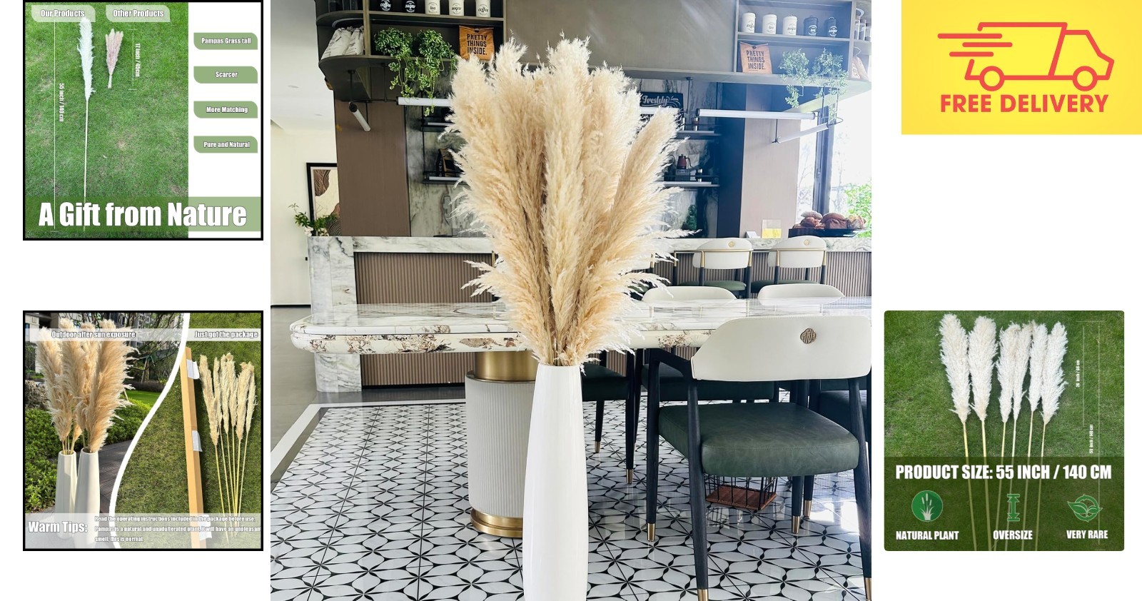 Natural Dried Pampas Grass Stems – 55 Inches of Fluffy Beige Beauty for Events