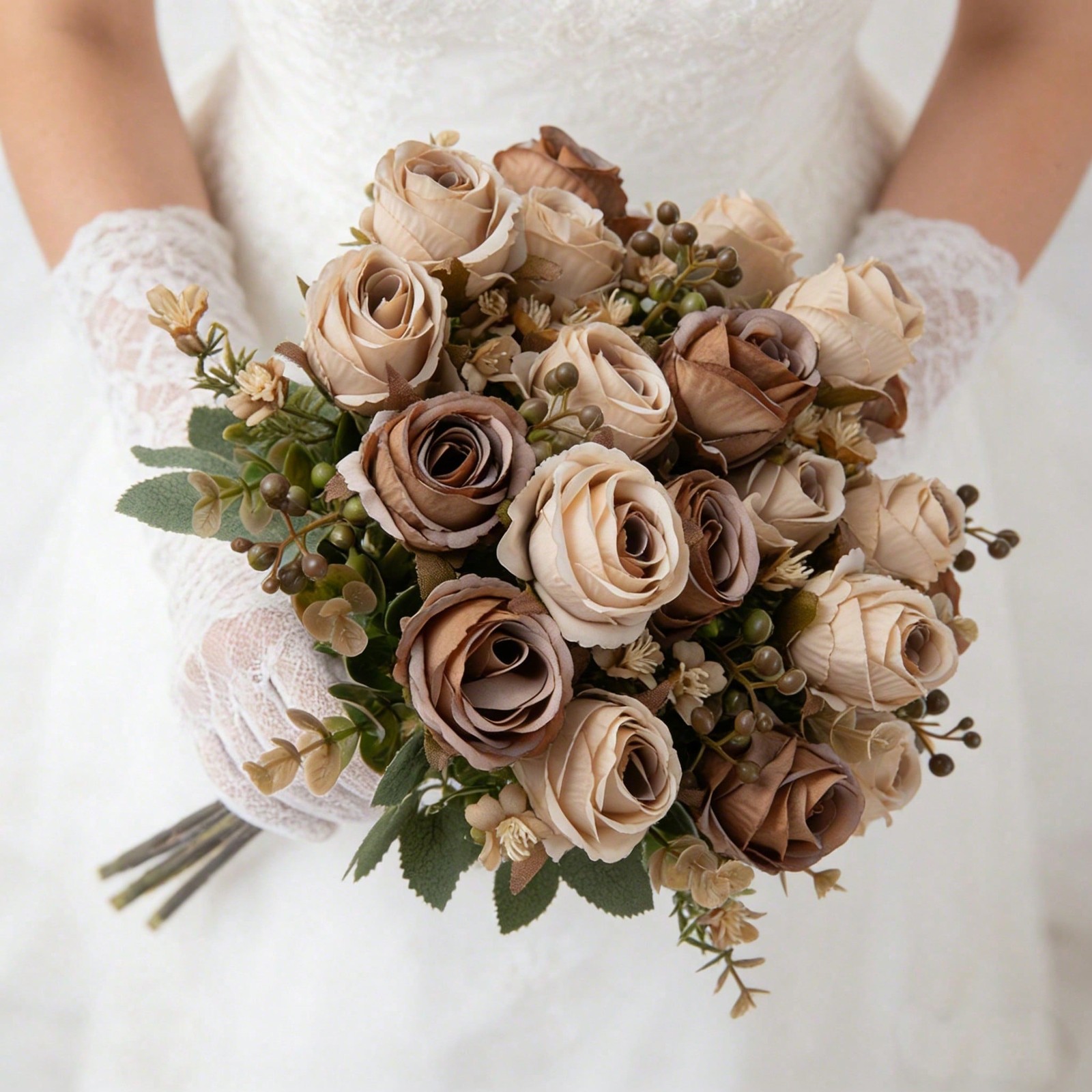Brown Artificial Silk Rose Bouquet 3 Pieces For Wedding Home Decor