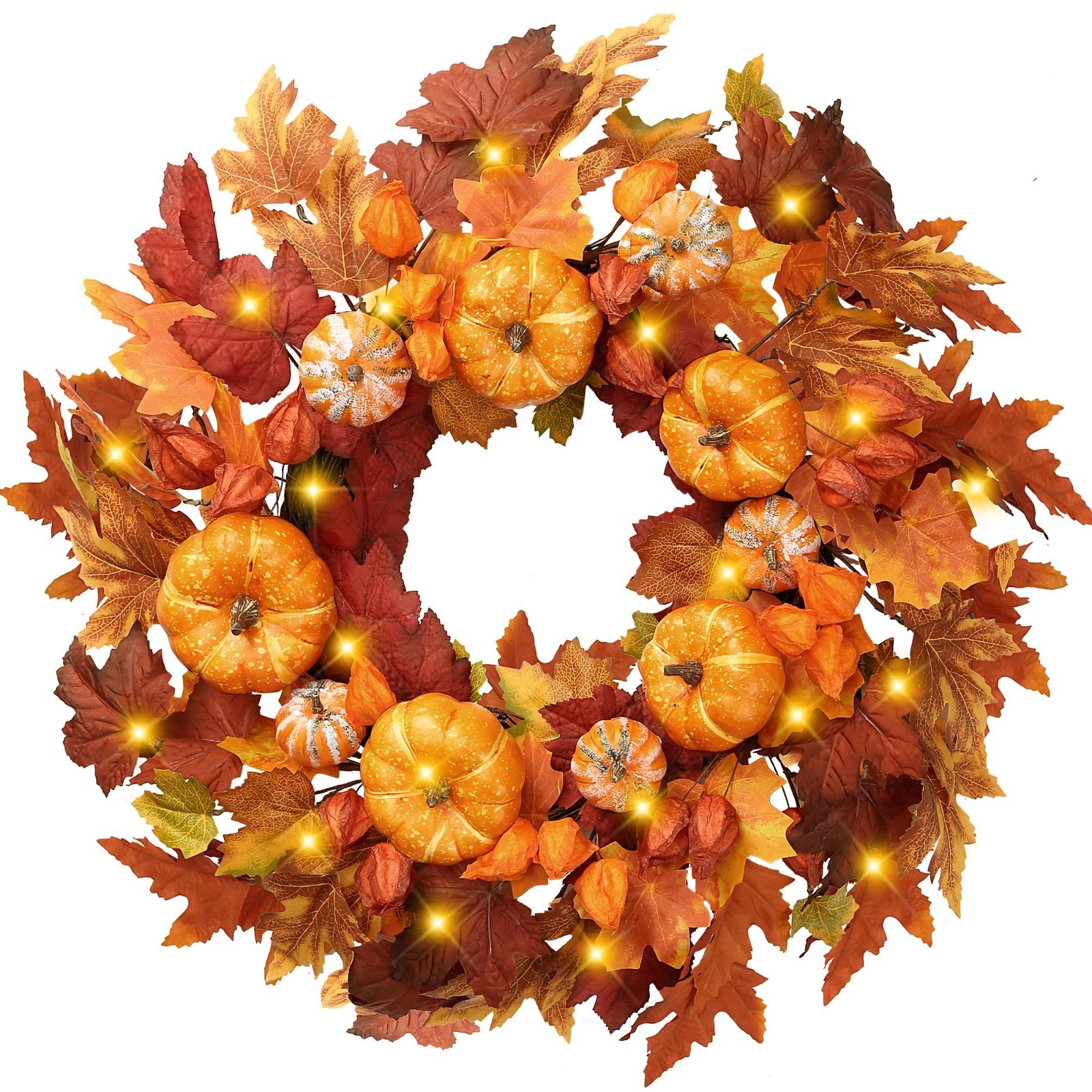Autumn Wreath 21″ – Artificial Fall Decor with Pumpkins, Maple Leaves & Lanterns