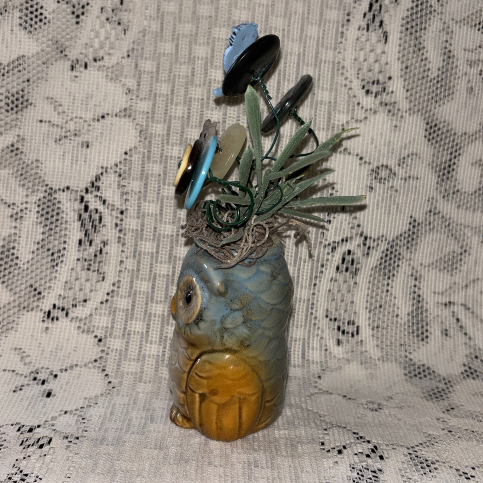 Handmade Button Bouquet Mini Ceramic Owl Vase Home Decor