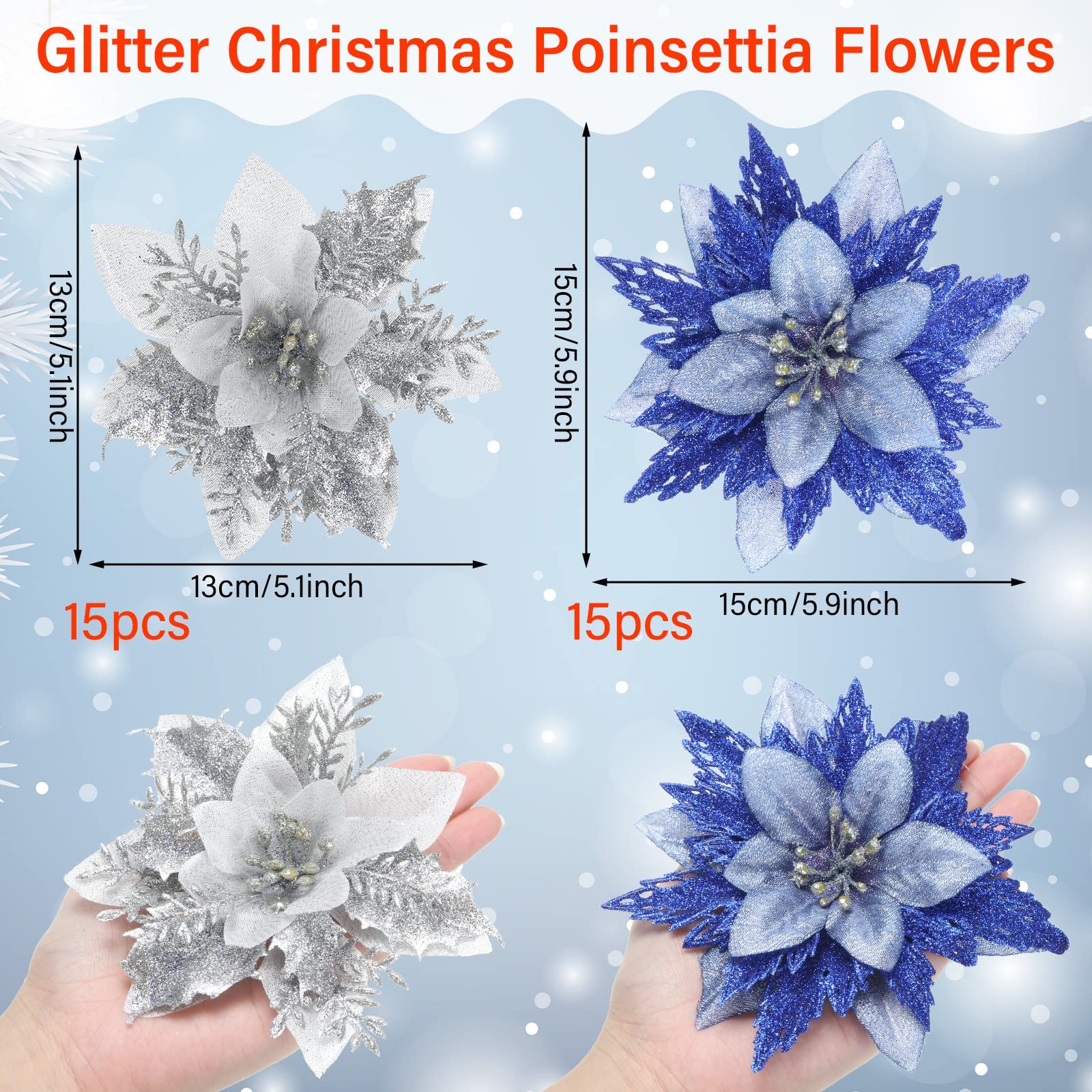 30 PCS Christmas Poinsettia Artificial Glitter Flowers For Xmas Tree Decor