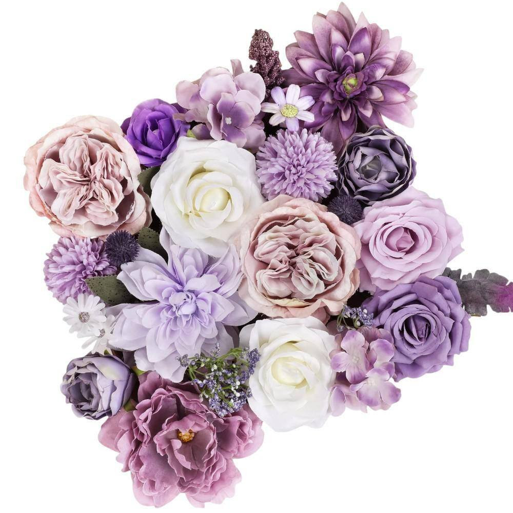 10 In. Artificial Purple Flowers Combo Silk Peony Rose Hydrangea for DIY Wedding