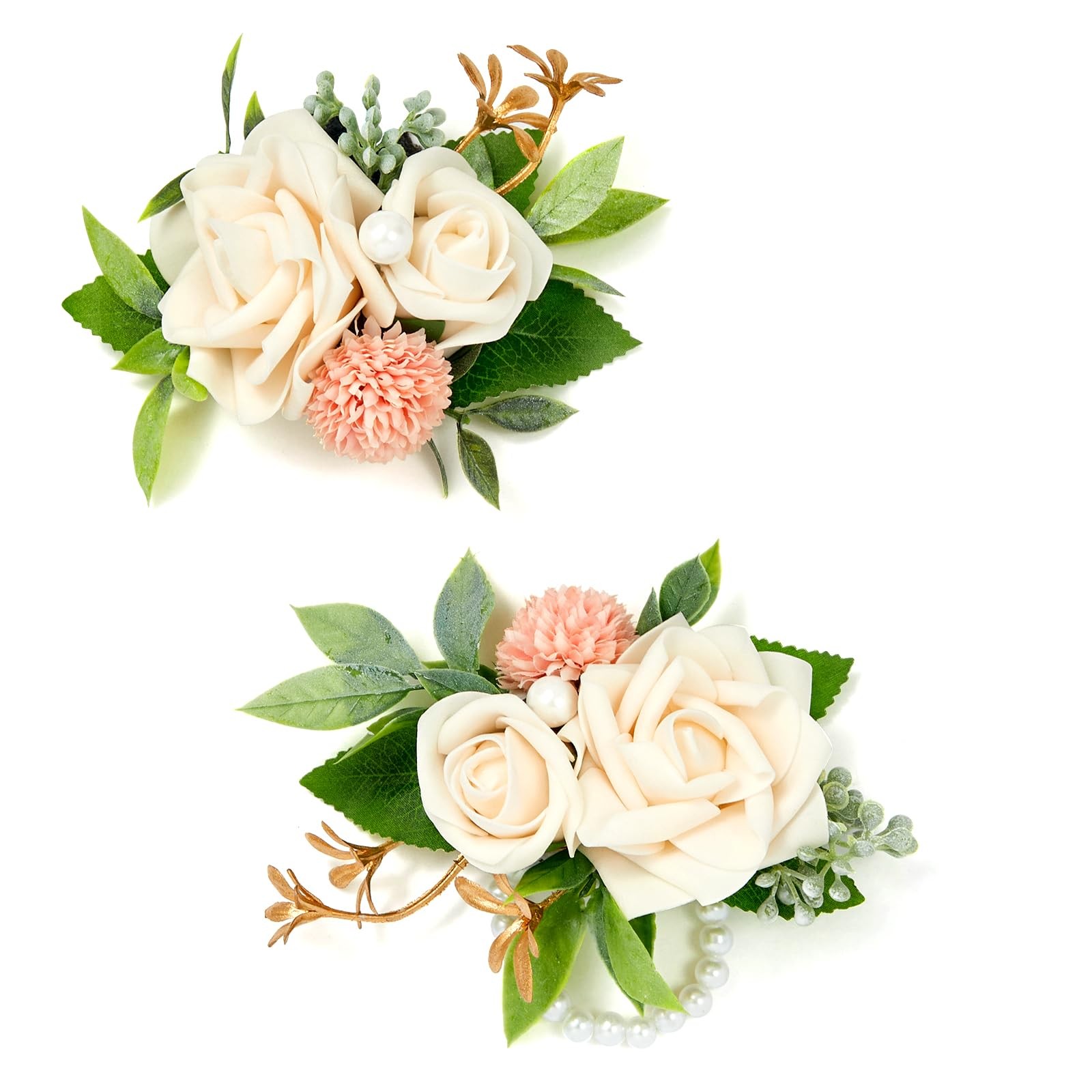 2 PCS White Rose Boutonniere Wrist Corsages Wedding Prom Corsage Wristlet