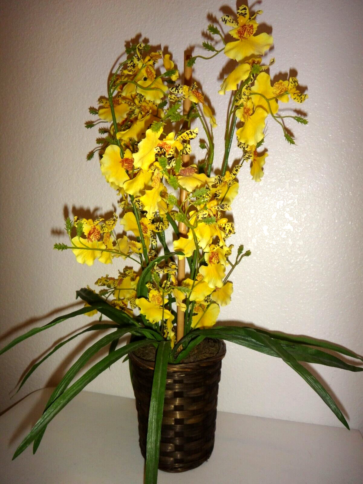 Decorative Artificial Yellow Flowers in Wood Basket Floral Décor Height 22″