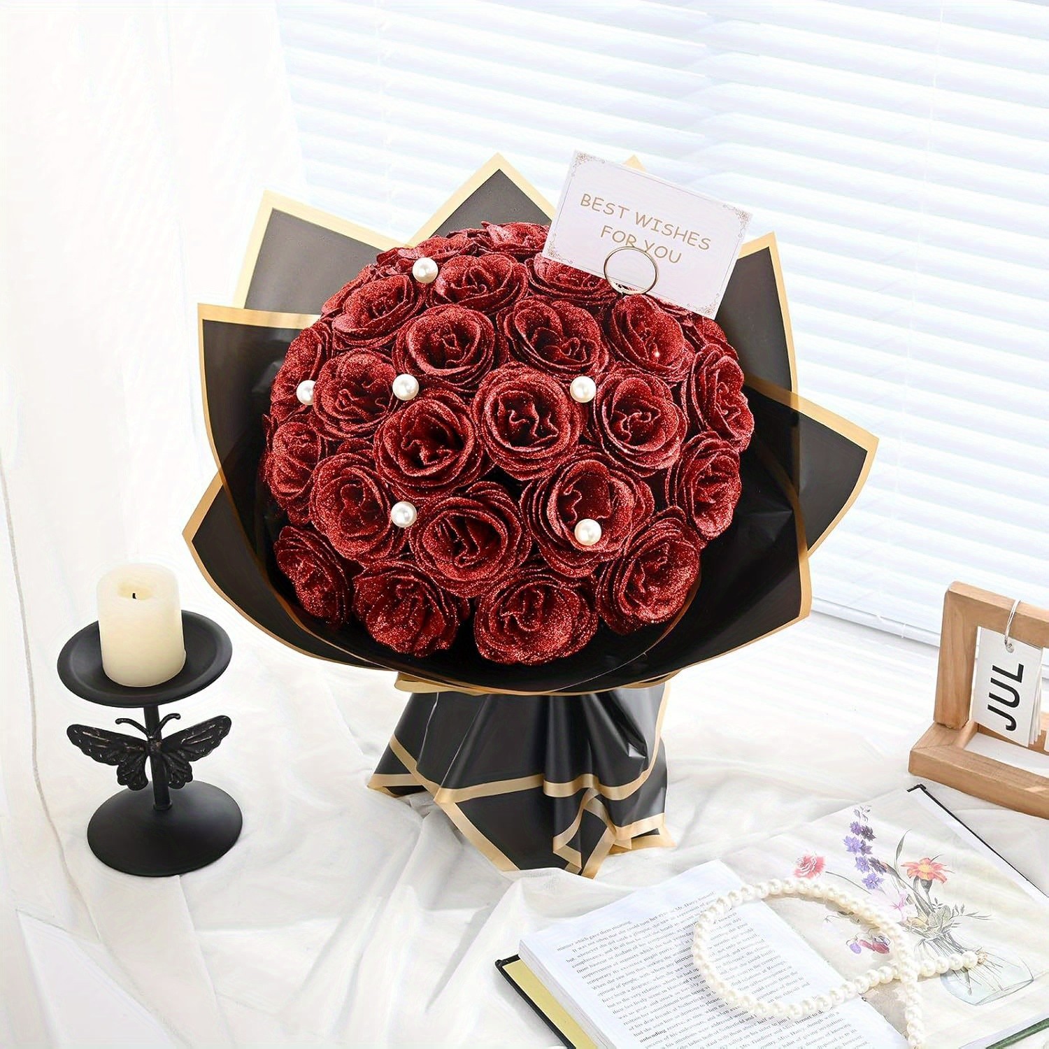 24 Pcs Glitter Rose Bouquet Shiny Artificial DIY Everlasting Birthday Wedding