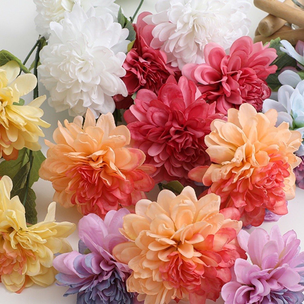 3-Head Silk Dahlia Stems 64cm Flexible Wire Core for Craft and Wedding Decor