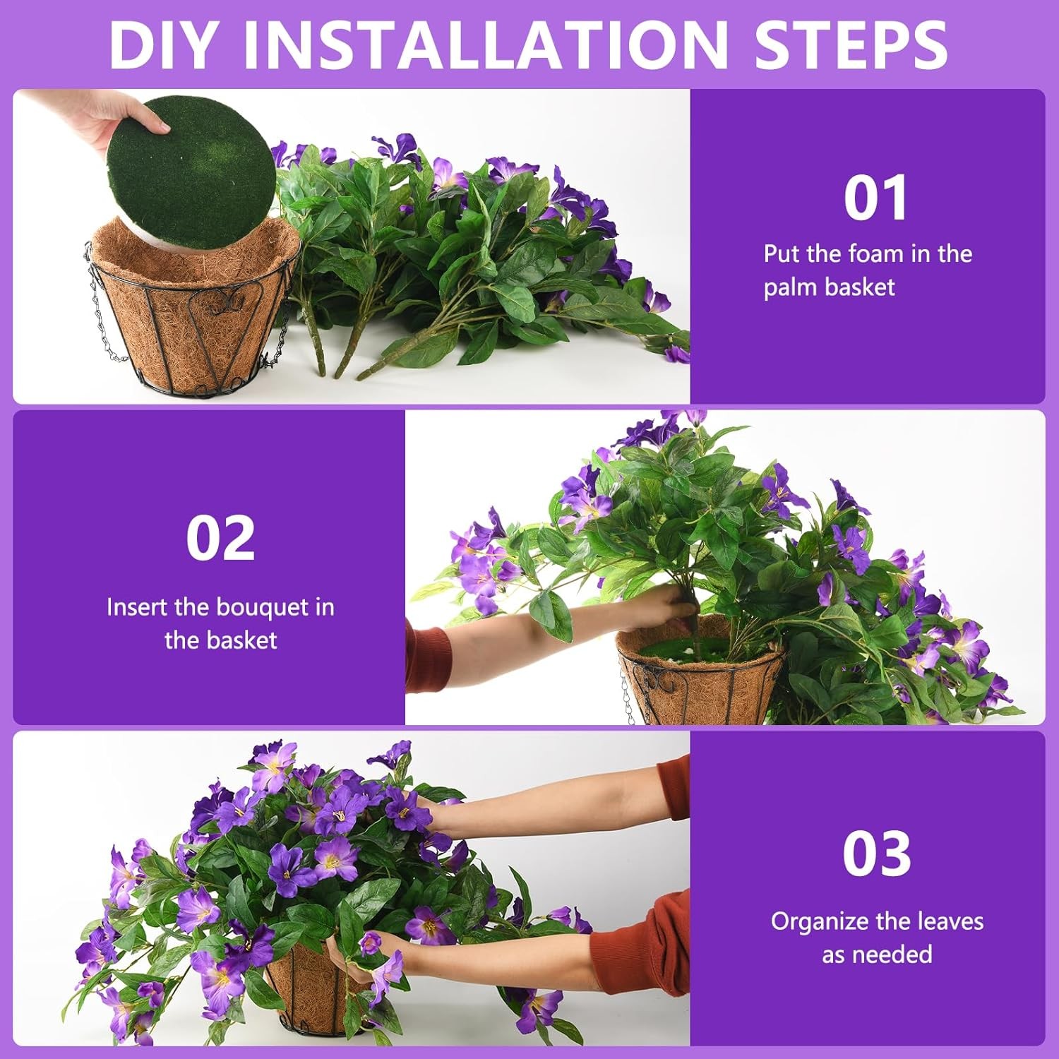 Artficial Fake Hanging Flowers Plants with Baskets, 3PCS Silk Faux Outdoor