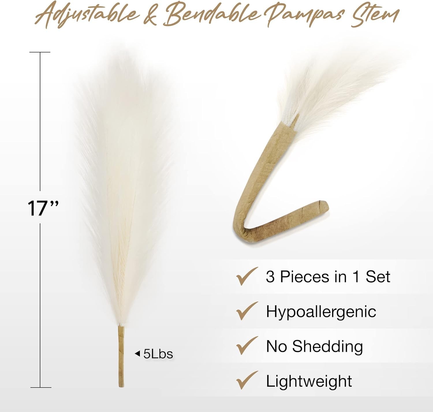 3pcs 17” Faux Pampas Grass Stalks – Elegant Artificial Decor, Beige/Off White