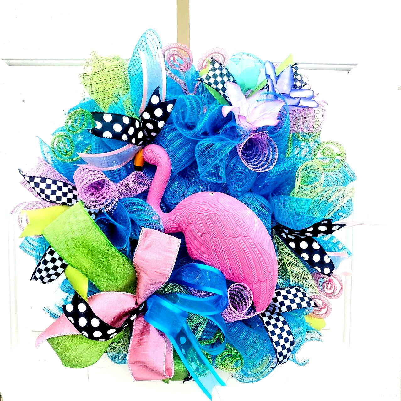 Spring Summer Pink Flamingo Wreath Large 24″ Handmade Deco Mesh Door Decoration