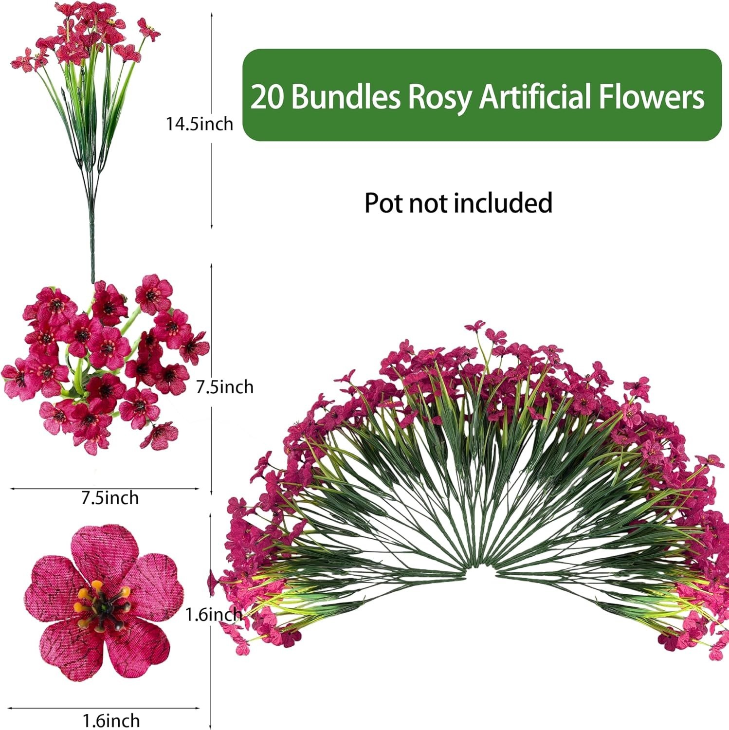 Vibrant 20-Piece Fuchsia Faux Flowers Set – Perfect for Outdoor and Indoor Decor