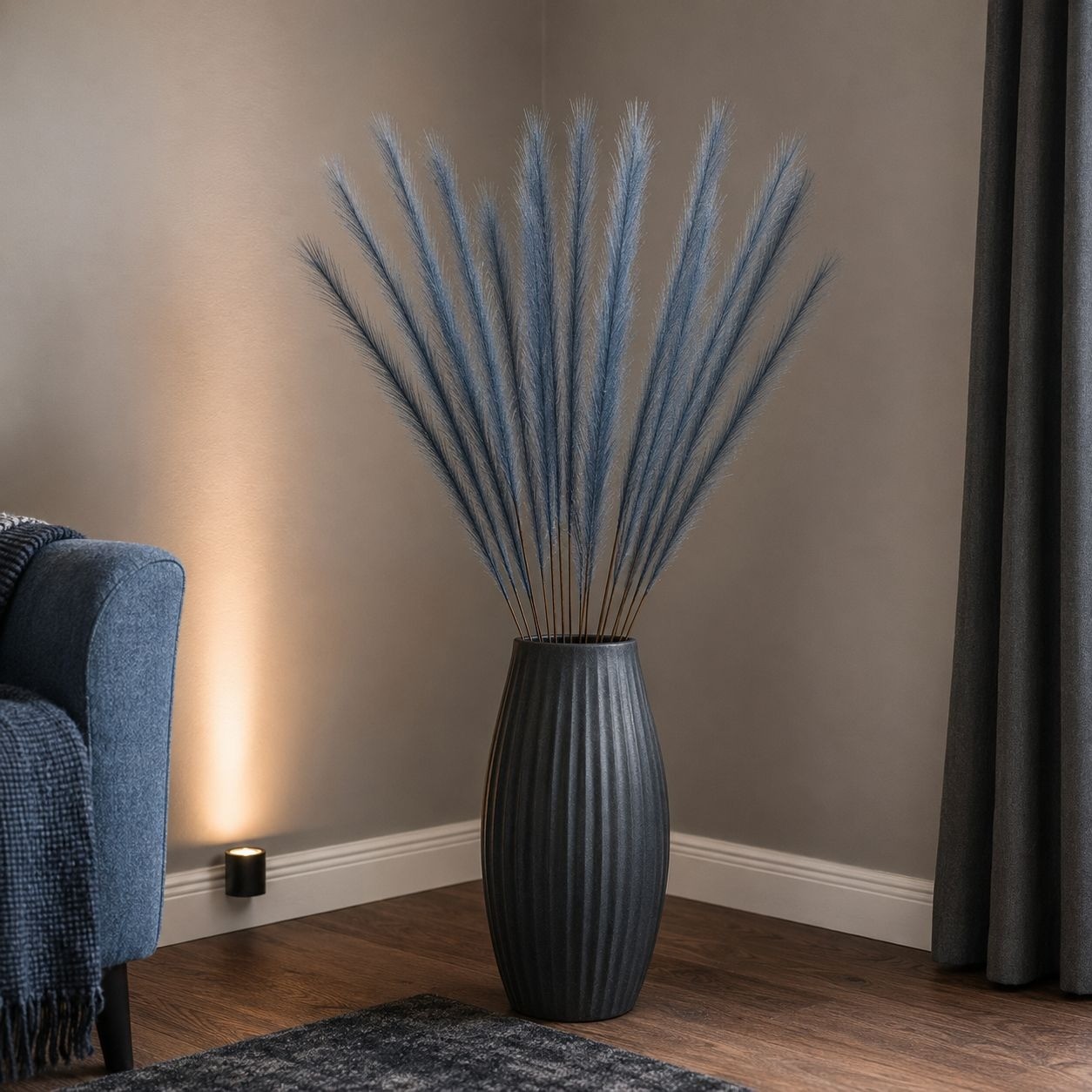 Slate Blue Faux Pampas Grass Stems, 16-Piece 31-Inch Wispy Synthetic Floor Vase