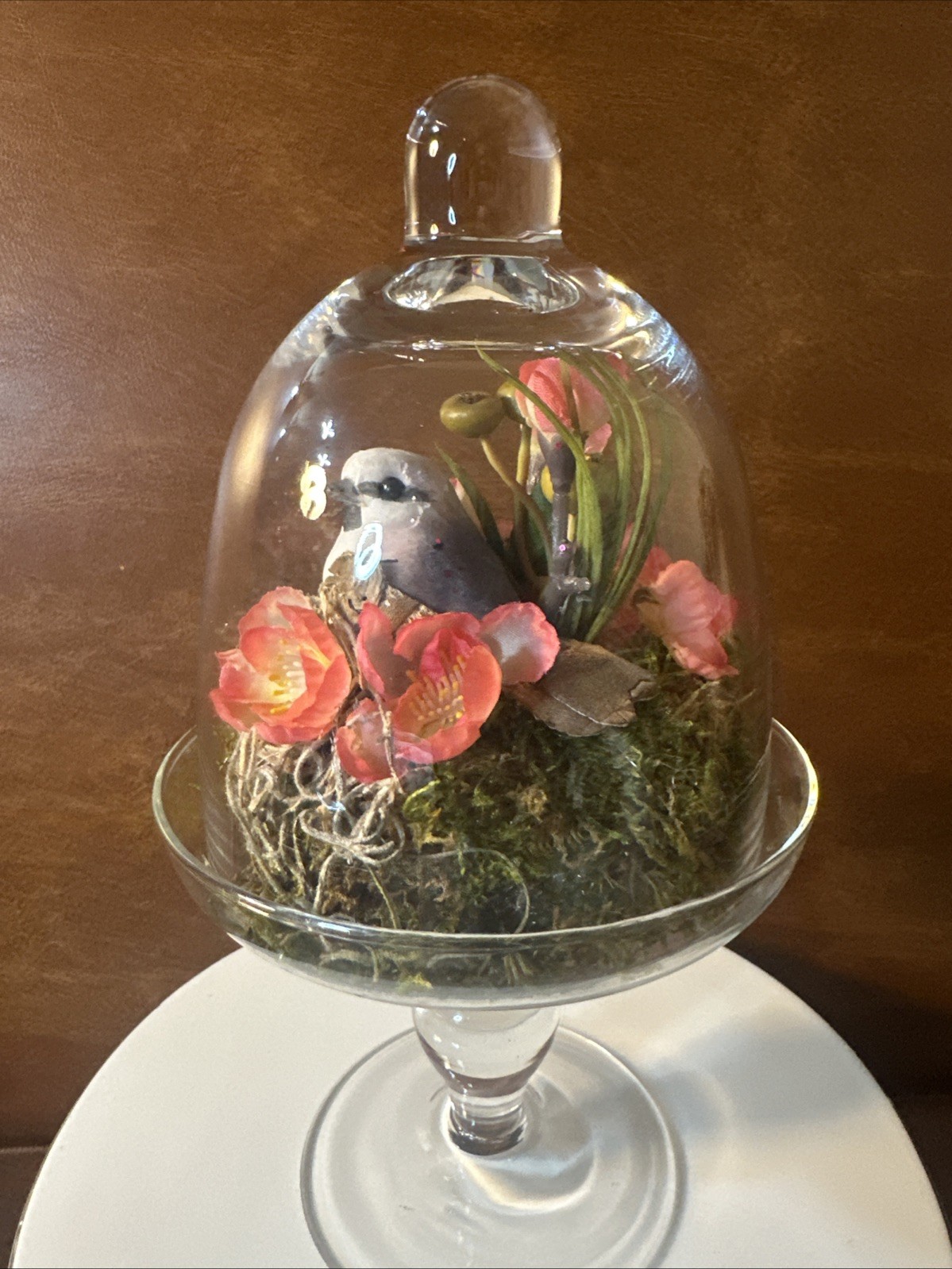 Artificial Vintage Floral Arrangement Glass Dome with Bird Nest, Pink 9”tall b