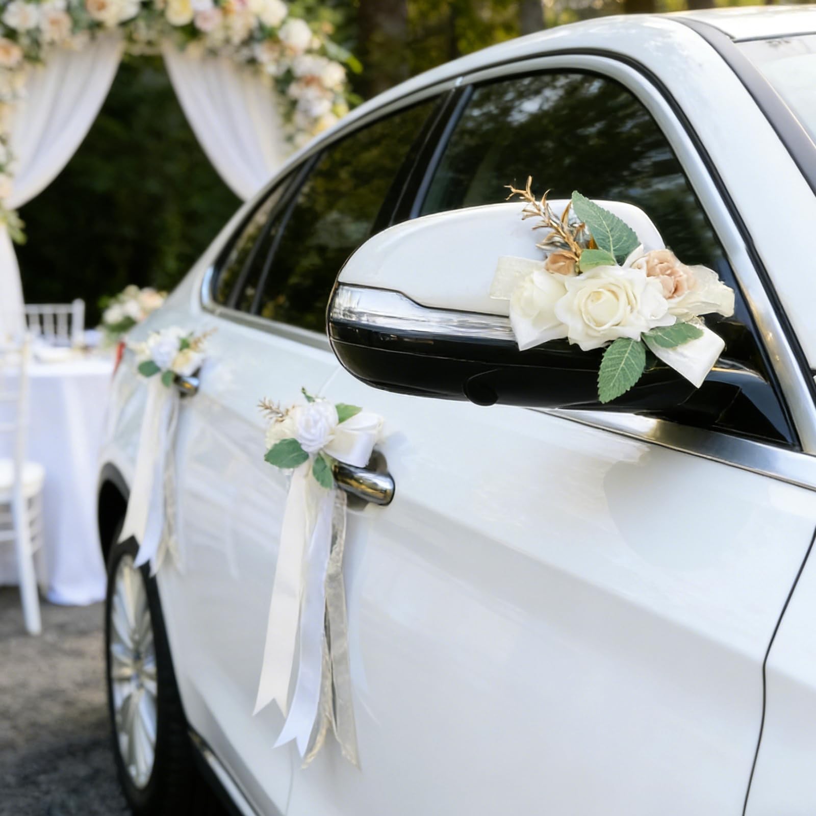 6 PCS Ivory White Rose Wedding Car Decor Kit Door Handle Rearview Mirror Flower