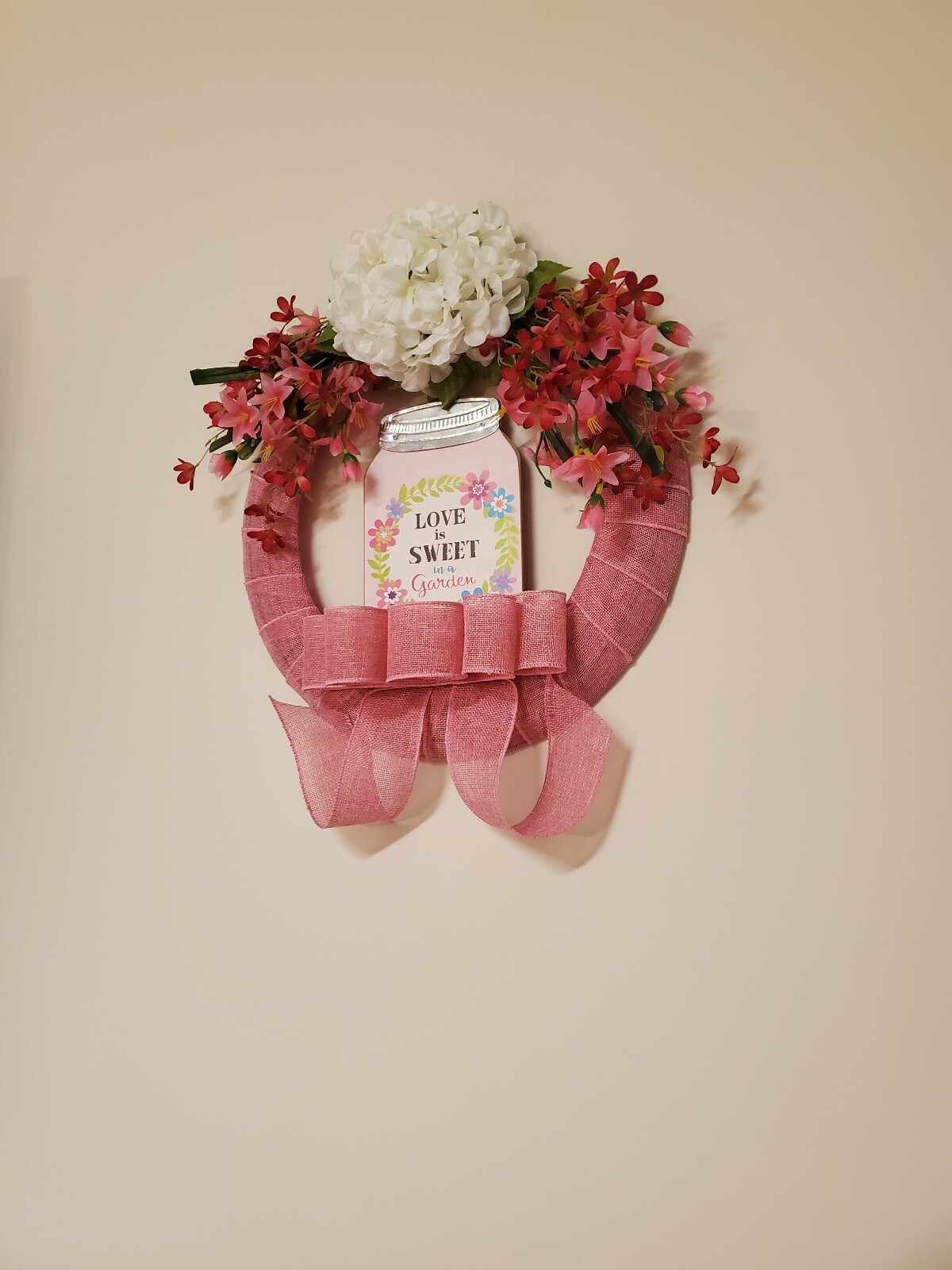 Wreath “LOVE is SWEET in a garden” Pink burlap mesh Pink flowers Decor Door 16″