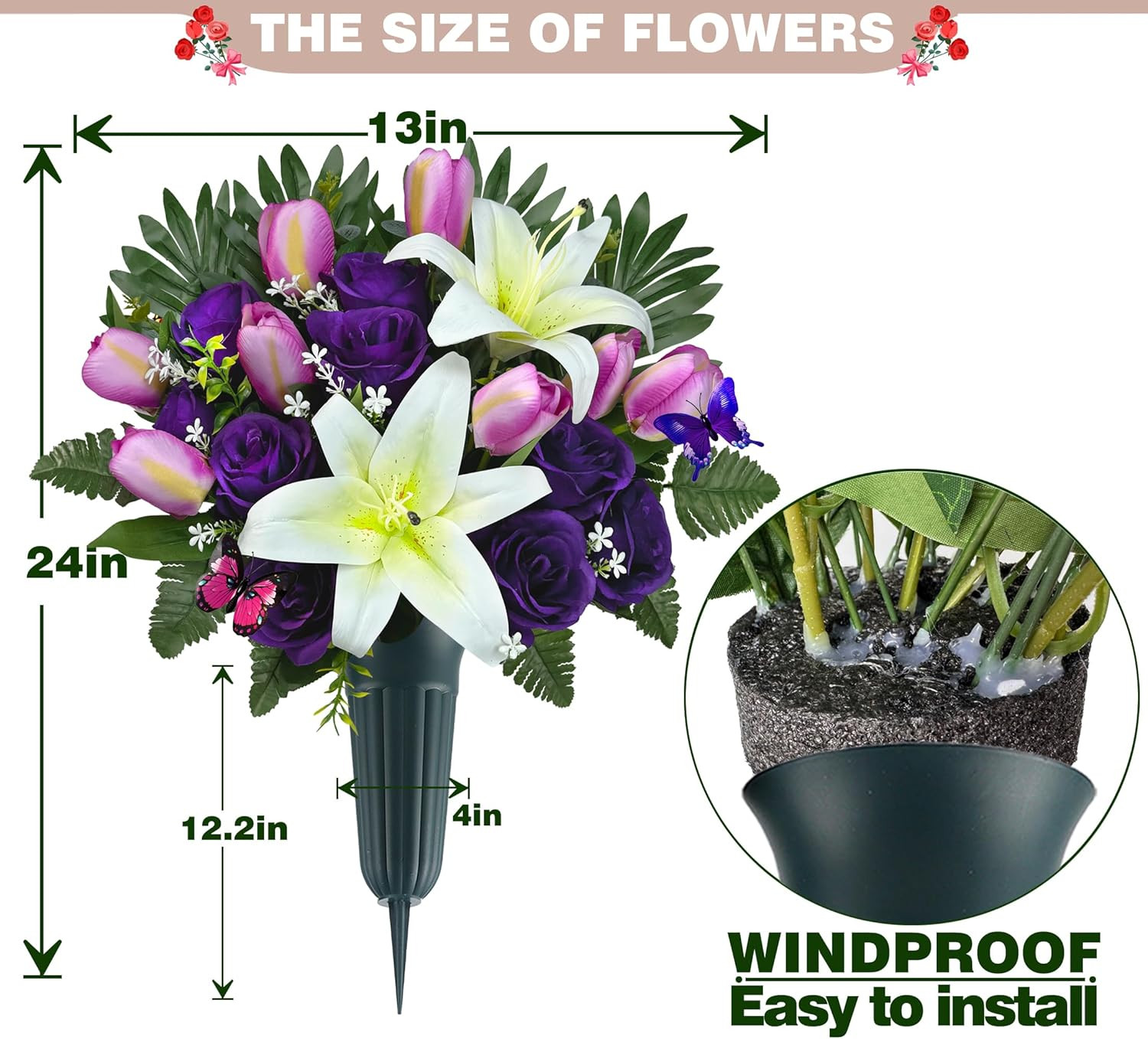 Elegant Cemetery Flowers with Vases – Silk Lilies & Butterflies, Purple/White