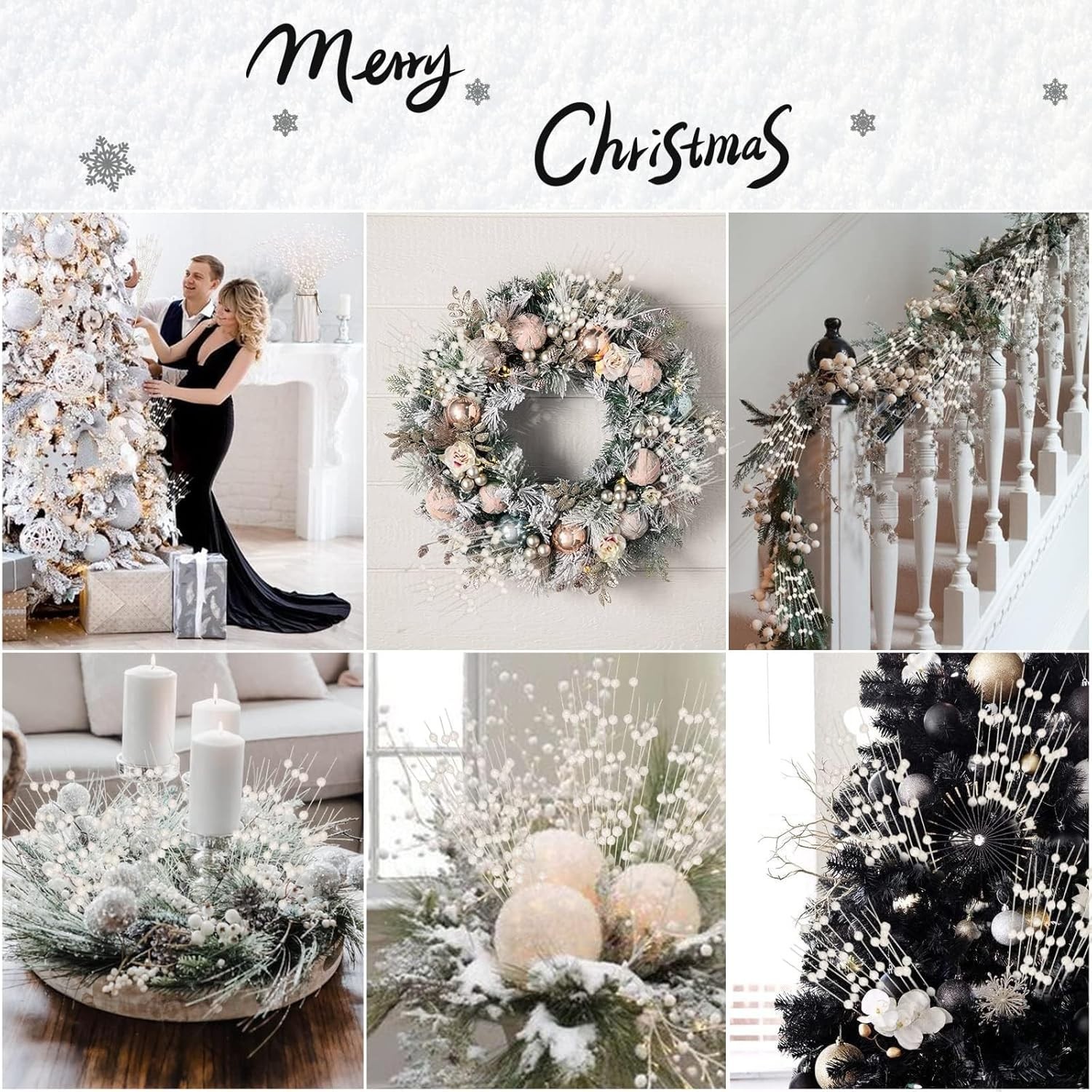 12 PCS White Glitter Berry Picks for Christmas Decor and DIY Wreaths (15.8’’)