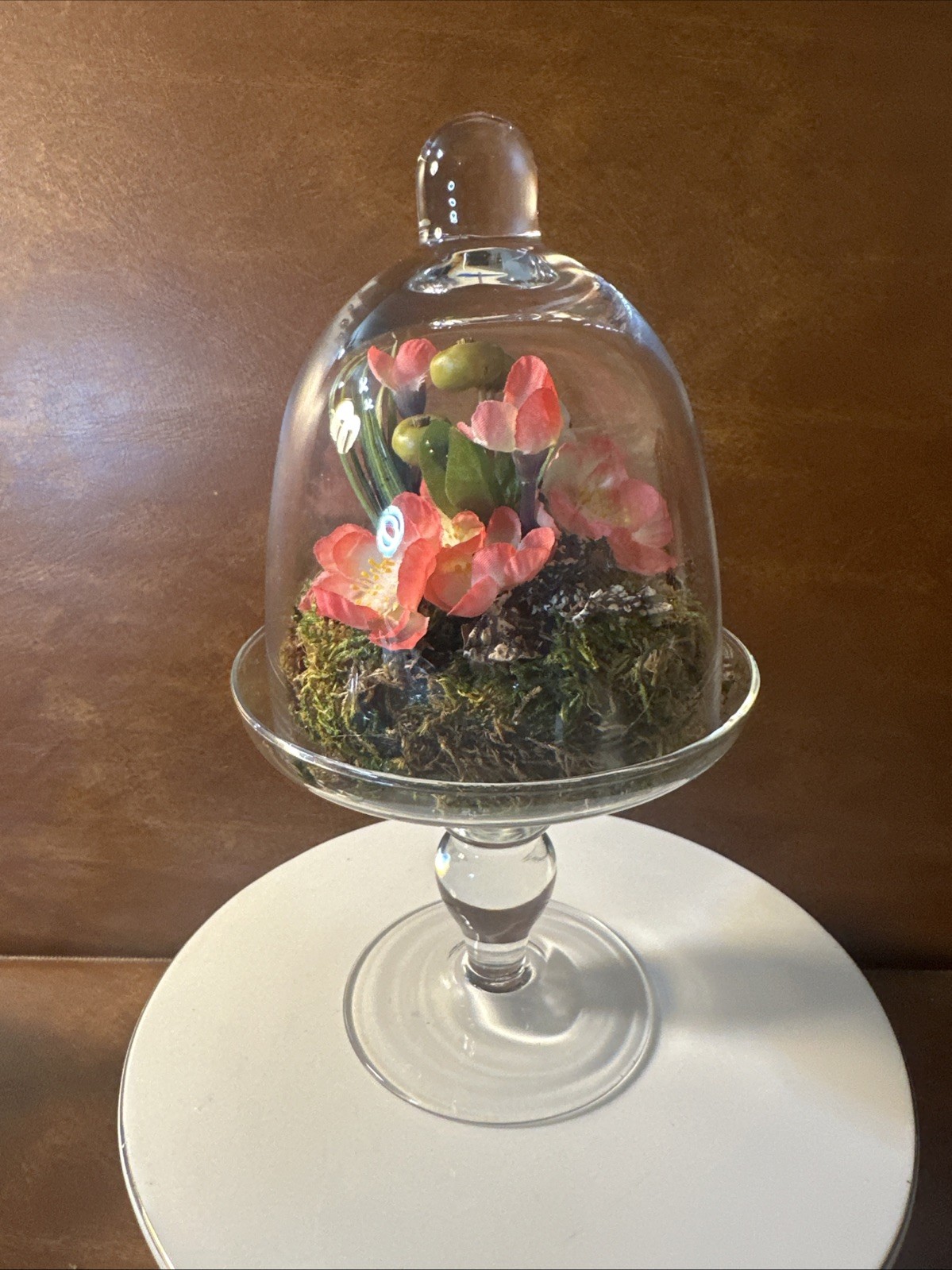 Artificial Vintage Floral Arrangement Glass Dome with Bird Nest, Pink 9”tall b