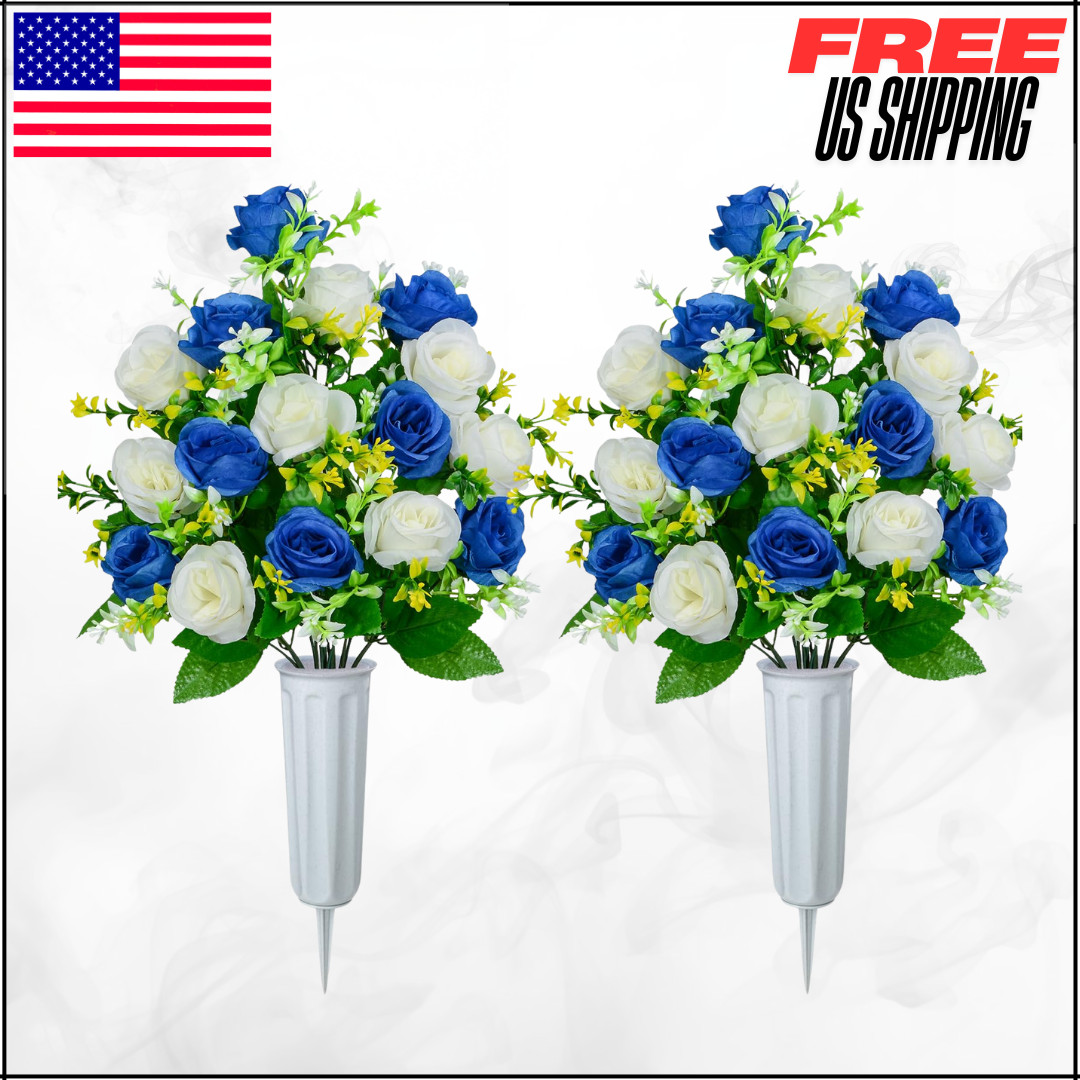 Cemetery Flowers Dark Blue & White Roses with Vases Memorial Headstone Set of 2