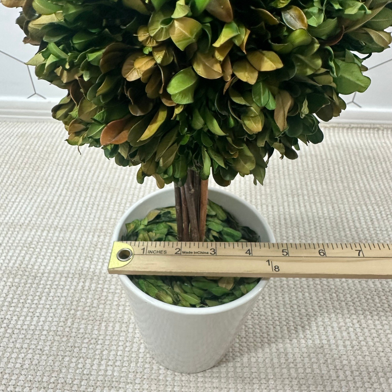 Preserved Boxwood Topiary Ball in White Ceramic Pot 16 Inch Faux Greenery Decor