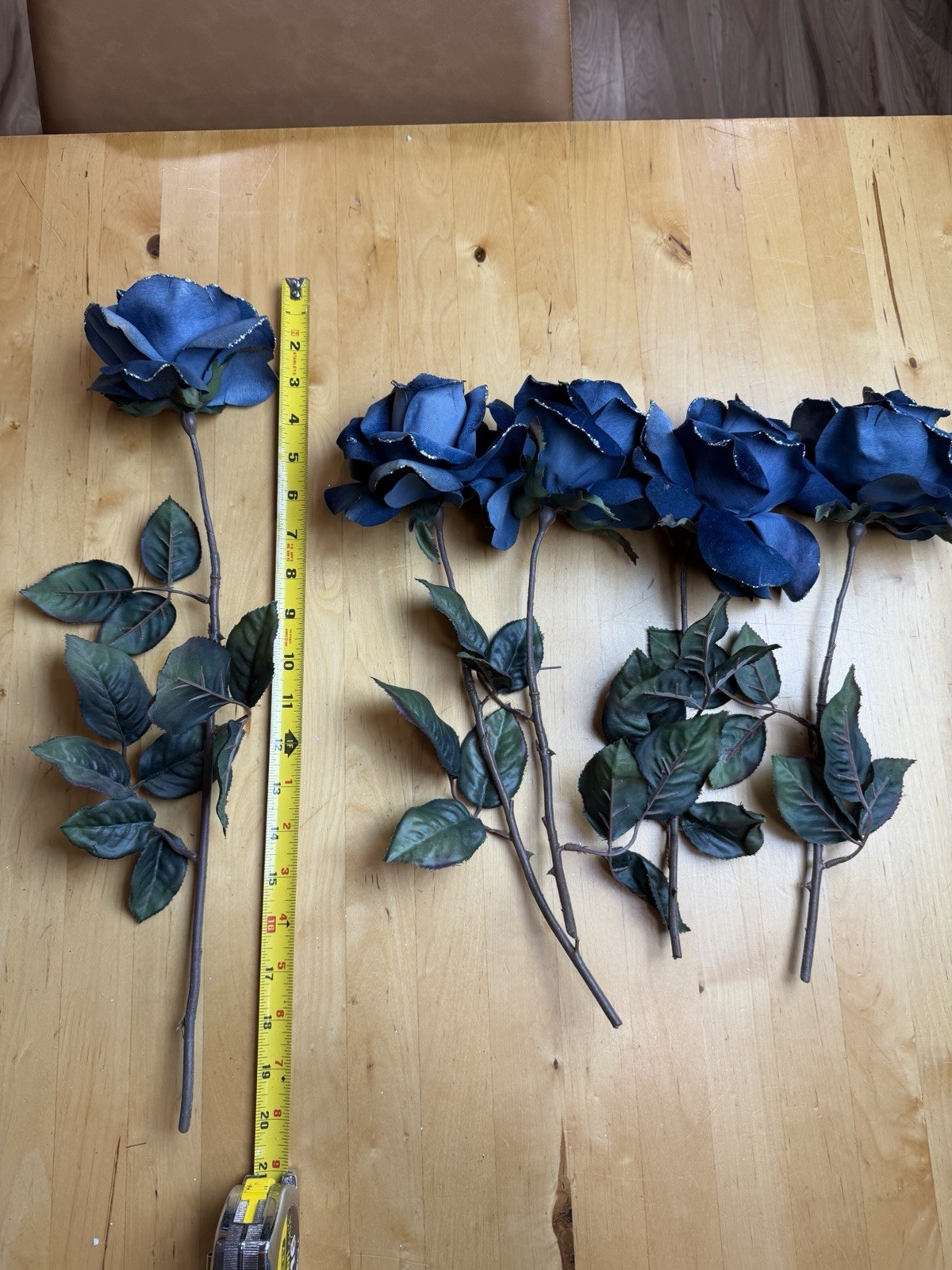 Set of 5 Navy Blue Velvet Roses Glitter Edge Long Stem Artificial Flowers 20”
