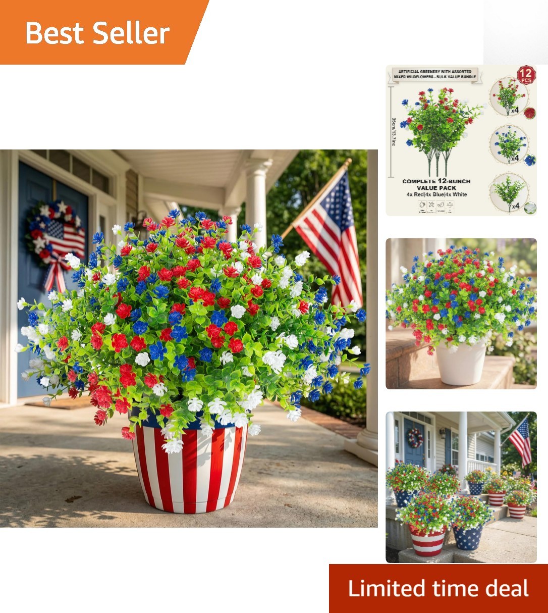 Elegant Red, White & Blue Flowers – 12 Pcs for Festive Outdoor Arrangements