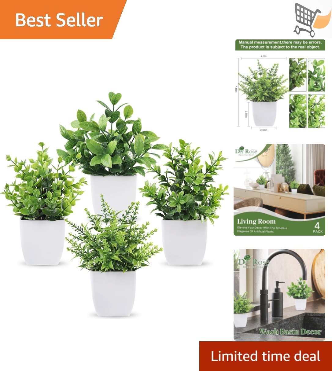Artificial Greenery Potted Plants 4 Pack Indoor Decor Faux Plants 7 Inch