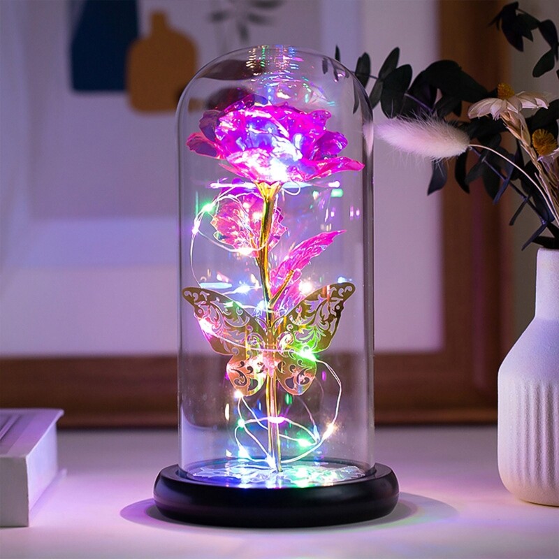 Forever Flower Gold Foil Rose Flowers in Glass Dome LED Light Valentine s Day