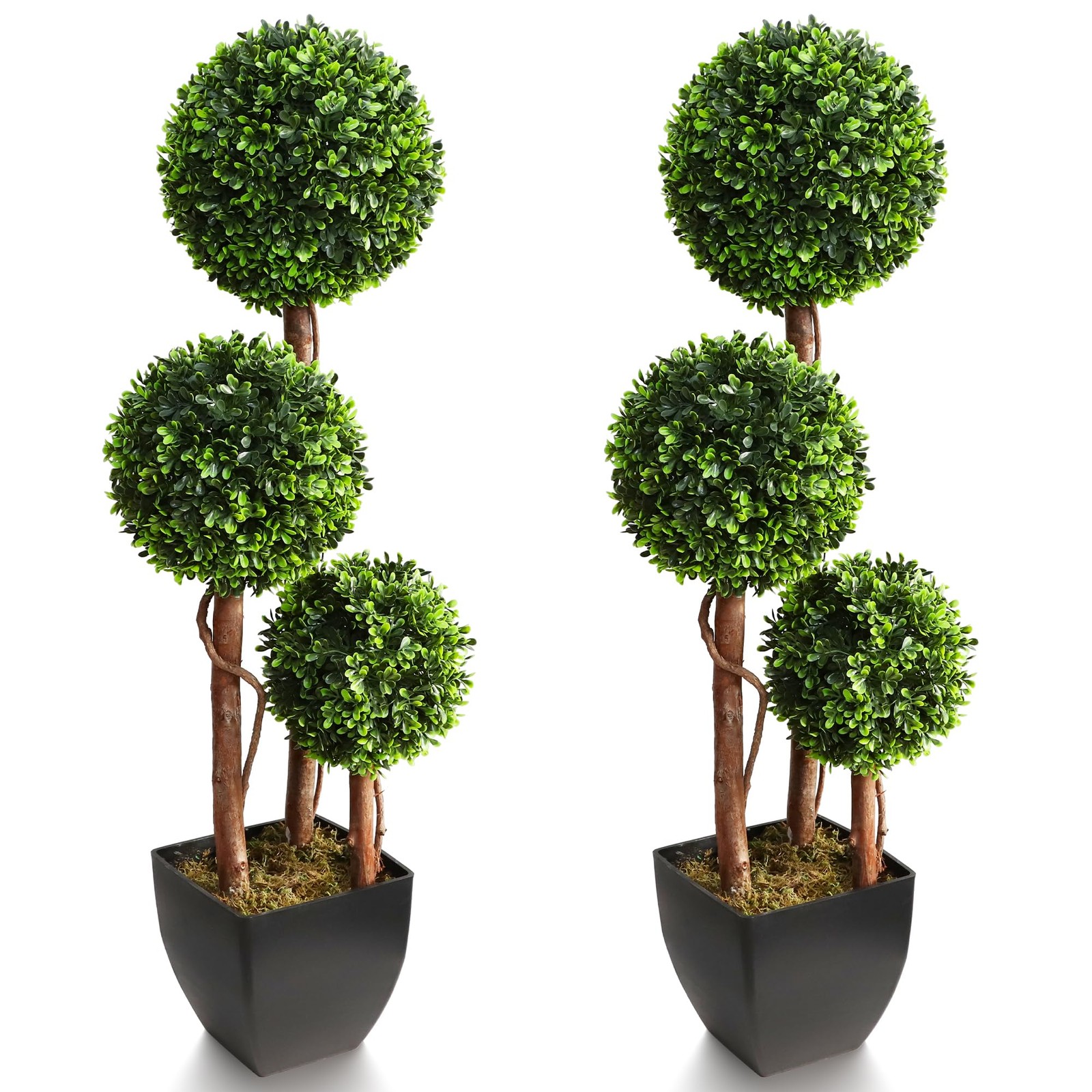 Outdoor Artificial Boxwood Topiaries Trees, 3ft Fake Topiary Triple Boxwood T…